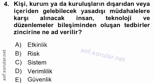 4. soru: Kişi, kurum ya da kuruluşların dışarıdan veya içeriden gelebilecek yasadışı müdahalelere karşı alınacak insan, teknol…