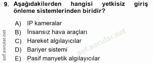 9. soru: Aşağıdakilerden hangisi yetkisiz giriş önleme sistemlerinden biridir? A) IP kameralar B) İnsansız hava araçları C) Ha…