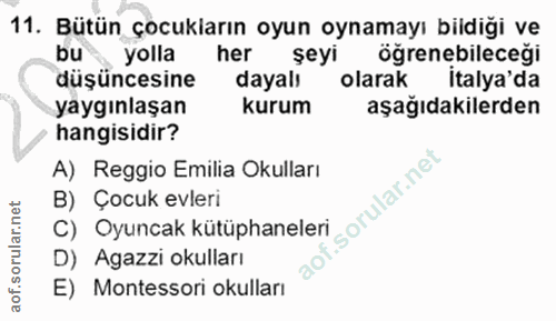 11. soru: Bütün çocukiarın oyun oynamayı bildiği ve bu yolla her şeyi öğrenebileceği düşüncesine dayalı olarak italya'da yaygın…