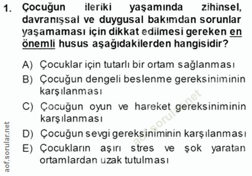 1. soru: Çocuğun ileriki yaşamında zihinsel, davranışsal ve duygusal bakımdan sorunlar yaşamaması için dikkat edilmesi gereken…