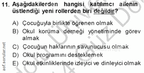 11. soru: Aşağıdakilerden hangisi katılımcı ailenin üstlendigi yeni rollerden biri değildir? A) Çocuğuyla birlikte öğrenen olma…