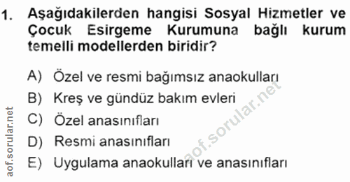 1. soru: Aşağıdakilerden hangisi Sosyal Hizmetler ve Çocuk Esirgeme Kurumuna bağlı kurum temelli modellerden biridir? A) Özel…