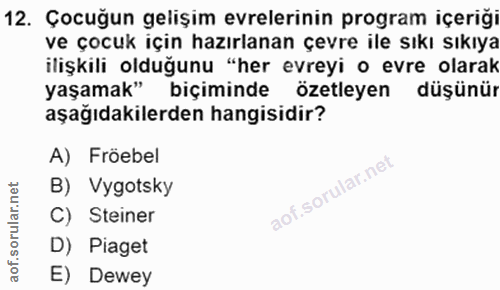 12. soru: Çocuğun gelişim evrelerinin program içeriği ve çocuk için hazırlanan çevre ile sıkı sıkıya ilişkili olduğunu "her evr…