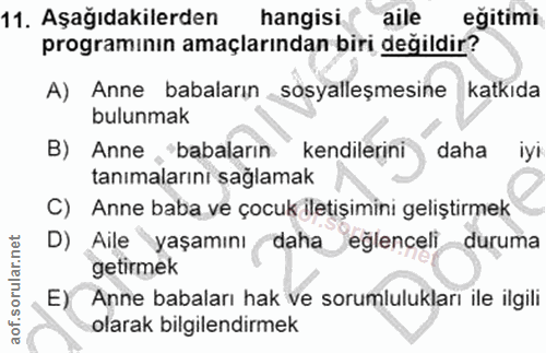11. soru: Aşağıdakilerden hangisi. aile eğitimi programının amaçlarından biri değildir? A) Anne babaların sosyalleşmesine katkı…