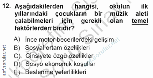 12. soru: Aşağıdakilerden hangisi, okulun ilk yıllarındaki çocukların bir müzik aleti çalabilmeleri için gerekli olan temel fak…