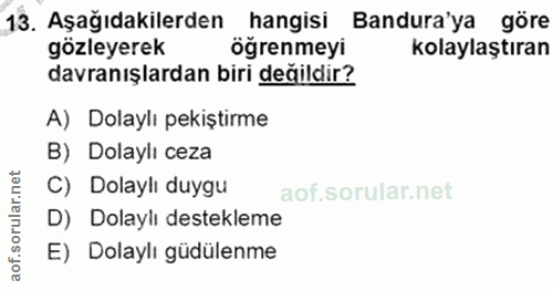 13. soru: Aşağıdakilerden hangisi Bandura'ya göre gözleyerek öğrenmeyi kolaylaştıran davranışlardan biri değildir? A) Dolaylı p…