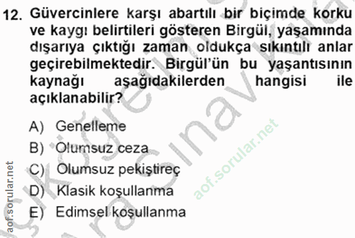 12. soru: Güvercinlere karşı abartılı bir biçimde korku ve kaygı belirtileri gösteren Birgül, yaşamında dışarıya çıktığı zaman…