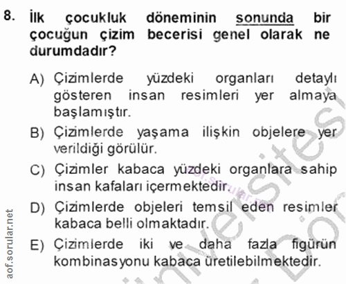 8. soru: İlk çocukluk döneminin sonunda bir çocuğun çizim becerisi genel olarak ne durumdadır? A) Çizimlerde yüzdeki organları…