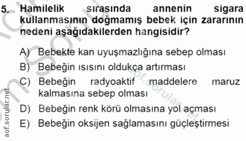 5. soru: Hamilelik •Sırasında annenin sigara kullanmasının doğmamış bebek için zararının nedeni aşağıdakilerden hangisidir? A)…