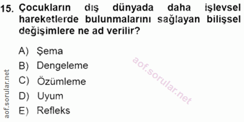 15. soru: Çocukların diş dünyada daha işlevsel hareketlerde bulunmalarını sağlayan bilişsel değişimlere ne ad verilir? A) Şema…