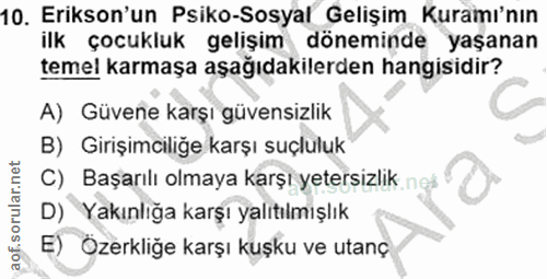 10. soru: Erikson'un Psiko-Sosyal Gelişim Kuramı'nın ilk çocukluk gelişim döneminde yaşanan temel karmaşa aşağıdakilerden hangi…