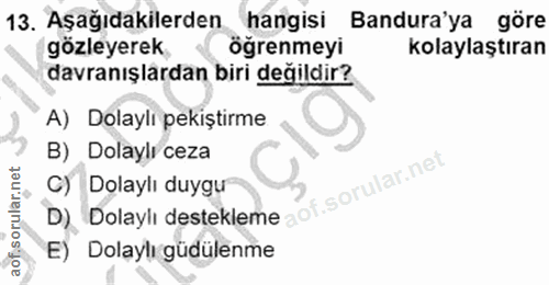 13. soru: Aşağıdakilerden hangisi Bandura'ya göre gözleyerek öğrenmeyi kolaylaştıran davranışlardan biri değildir? A) Dolaylı p…