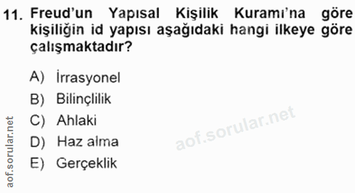 11. soru: Freud'un Yapısal Kişilik Kuramı'na göre kişiliğin id yapısı aşağıdaki hangi ilkeye göre çalışmaktadır? A) Irrasyonel…
