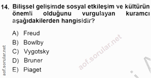 14. soru: Bilişsel gelişimde sosyal etkileşim ve kültürün önemli olduğunu vurgulayan kuramcı aşağıdakilerden hangisidir? A) Fre…