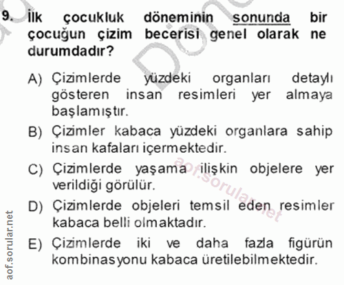 9. soru: İlk çocukluk döneminin sonunda bir çocuğun çizim becerisi genel olarak ne durumdadır? A) Çizimlerde yüzdeki organları…