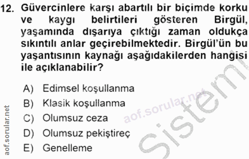 12. soru: Güvercinlere karşı abartılı bir biçimde korku ve kaygı belirtileri gösteren Birgül, yaşamında dışarıya çıktığı zaman…