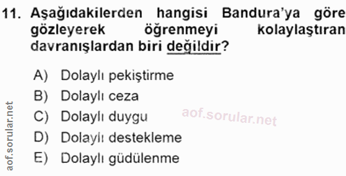 11. soru: Aşağıdakilerden hangisi Bandura'ya göre gözleyerek öğrenmeyi kolaylaştıran davranışlardan biri değildir? A) Dolaylı p…