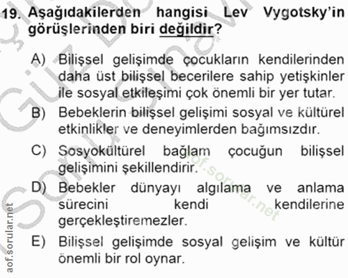 19. soru: Aşağıdakilerden hangisi Lev Vygotsky'in görüşlerinden biri değildir? A) Bilişsel gelişimde çocukların kendilerinden d…