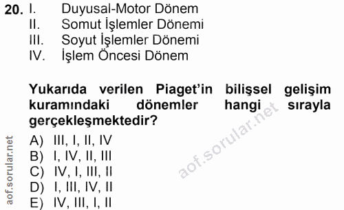 20. soru: 1. Duyusal-Motor Dönem Il. Somut İşlemler Dönemi III. Soyut Işlemler Dönemi IV. İşlem Öncesi Dönem Yukarıda verilen P…