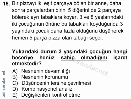 15. soru: Bir pizzayı iki eşit parçaya bölen bir anne, daha sonra parçalardan birini 5 diğerini de 2 parçaya bölerek ayrı tabak…
