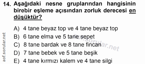 14. soru: Aşağıdaki nesne gruplarından hangisinin birebir eşleme açısından zorluk derecesi en düşüktür? A) 4 tane beyaz top ve…