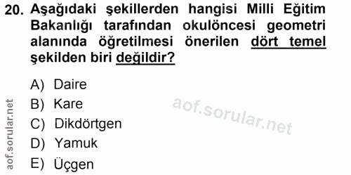 20. soru: Aşağıdaki şekillerden hangisi Milli Eğitim Bakanlığı tarafından okulöncesi geometri alanında öğretilmesi önerilen dör…