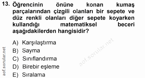 13. soru: Öğrencinin önüne konan kumaş parçalarından çizgili olanları bir sepete ve düz renkli olanları diğer sepete koyarken K…