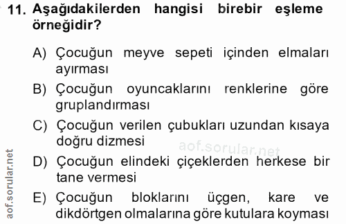 11. soru: Aşağıdakilerden hangisi birebir eşleme örneğidir? A) Çocuğun meyve sepeti içinden elmaları ayırması B) Çocuğun oyunca…