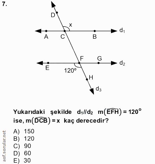 7. soru: • di A F • d2 120° d3 Yukarıdaki şekilde dılld2 m(EFH) = 120° ise, m (DCB) = x kaç derecedir? A) 150 B) 120 C) 90 D)…