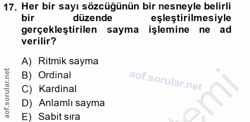 17. soru: Her bir sayı sözcüğünün bir nesneyle belirli bir düzende eşleştirilmesiyle gerçekleştirilen sayma işlemine ne ad veri…