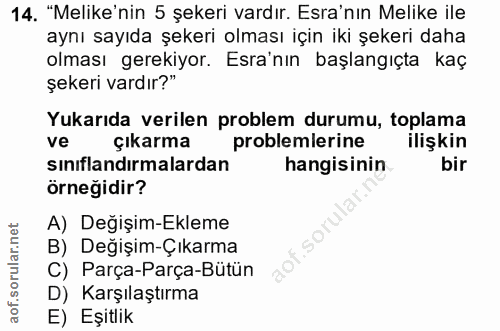 14. soru: "Melike'nin 5 şekeri vardır. Esra'nın Melike ile aynı sayıda şekeri olması için iki şekeri daha olması gerekiyor. Esr…
