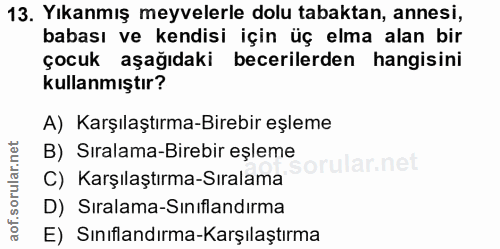 13. soru: Yıkanmış meyvelerle dolu tabaktan, annesi, babası ve kendisi için üç elma alan bir çocuk aşağıdaki becerilerden hangi…