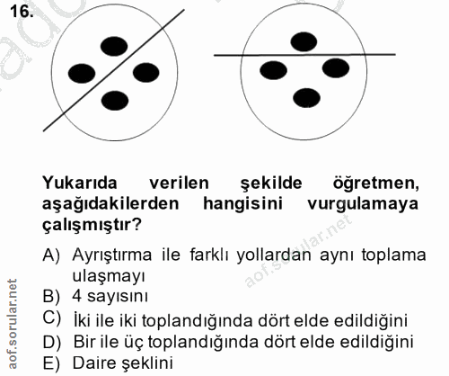 16. soru: Yukarıda verilen şekilde ogretmen, aşağıdakilerden hangisini vurgulamaya çalışmıştır? A) Ayrıştırma ile farklı yollar…