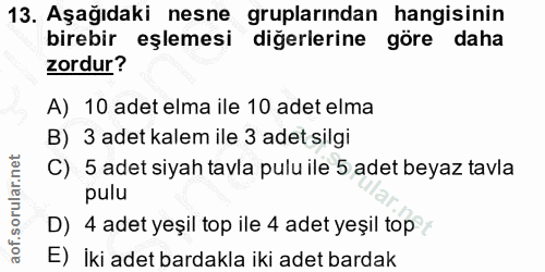 13. soru: Aşağıdaki nesne gruplarından hangisinin birebir eşlemesi diğerlerine göre daha zordur? A) 10 adet elma ile 10 adet el…