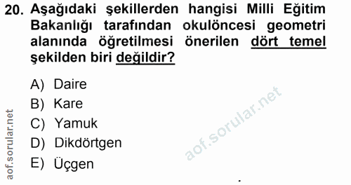 20. soru: Aşağıdaki şekillerden hangisi Milli Eğitim Bakanlığı tarafından okulöncesi geometri alanında öğretilmesi önerilen dör…