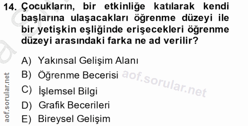 14. soru: Çocukların, bir etkinliğe katılarak kendi başlarına ulaşacakları öğrenme düzeyi ile bir yetişkin eşliğinde erişecekle…