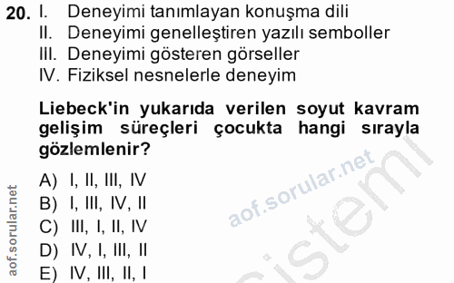 20. soru: 1. Deneyimi tanımlayan konuşma dili II. Deneyimi genelleştiren yazılı semboller III. Deneyimi gösteren görseller IV.…