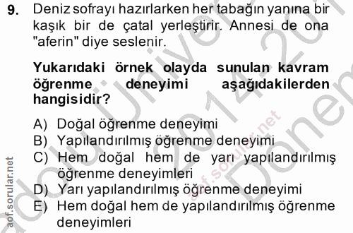 9. soru: Deniz sofrayı hazırlarken her tabağın yanına bir kaşık bir de çatal yerleştirir. Annesi de ona "aferin" diye seslenir…