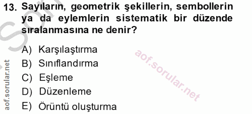13. soru: Sayıların, geometrik şekillerin, sembollerin ya da eylemlerin sistematik bir düzende sıralanmasına ne denir? A) Karşı…