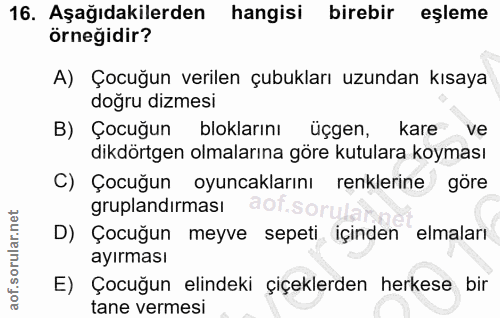 16. soru: Aşağıdakilerden hangisi birebir eşleme orneğidir? A) Çocuğun verilen çubukları uzundan kısaya doğru dizmesi B) Çocuğu…