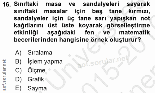 16. soru: Sınıftaki masa ve sandalyeleri sayarak sınıftaki masalar için beş tane kırmızı, sandalyeler için üç tane sarı yapışka…