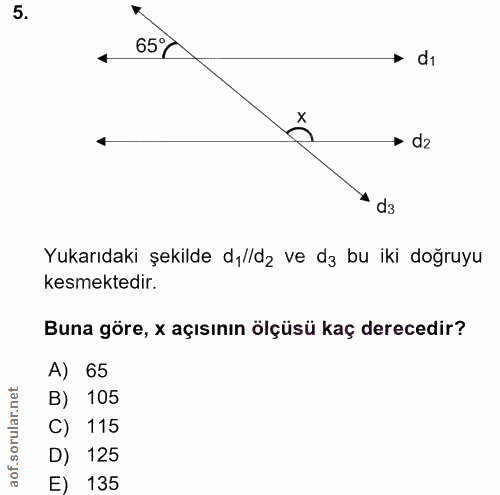 5. soru: 65°% • d1 → d2 d3 Yukarıdaki şekilde dılldz ve dz bu iki doğruyu kesmektedir. Buna göre, x açısının ölçüsü kaç derece…