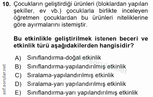 10. soru: Çocukların geliştirdiği ürünleri (bloklardan yapılan şekiller, ev vb.) çocuklarla birlikte inceleyen öğretmen çocukla…