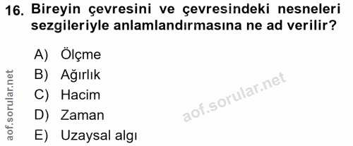 16. soru: Bireyin çevresini ve çevresindeki nesneleri sezgileriyle anlamlandırmasına ne ad verilir? A) Ölçme B) Ağırlık C) Haci…
