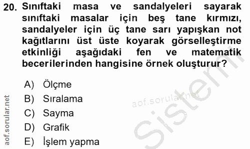 20. soru: Siniftaki masa ve sandalyeleri sayarak sınıftaki masalar için beş tane kırmızı, sandalyeler için üç tane sarı yapışka…