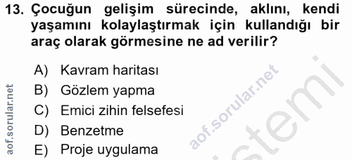 13. soru: Çocuğun gelişim sürecinde, aklını, kendi yaşamını kolaylaştırmak için kullandığı bir araç olarak görmesine ne ad veri…
