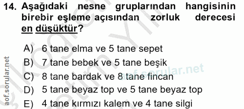 14. soru: Aşağıdaki nesne gruplarından hangisinin birebir eşleme açısından zorluk derecesi en düşüktür? A) 6 tane elma ve 5 tan…