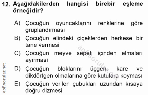 12. soru: Aşağıdakilerden hangisi birebir eşleme örneğidir? A) Çocuğun oyuncaklarını renklerine göre gruplandırması B) Çocuğun…