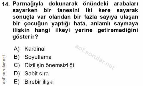14. soru: Parmağıyla dokunarak önündeki arabaları sayarken bir tanesini iki kere sayarak sonuçta var olandan bir fazla sayıya u…