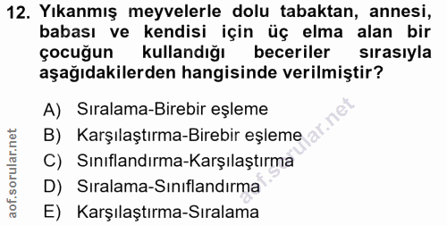 12. soru: Yıkanmış meyvelerle dolu tabaktan, annesi, babası ve kendisi için üç elma alan bir çocuğun kullandığı beceriler sıras…